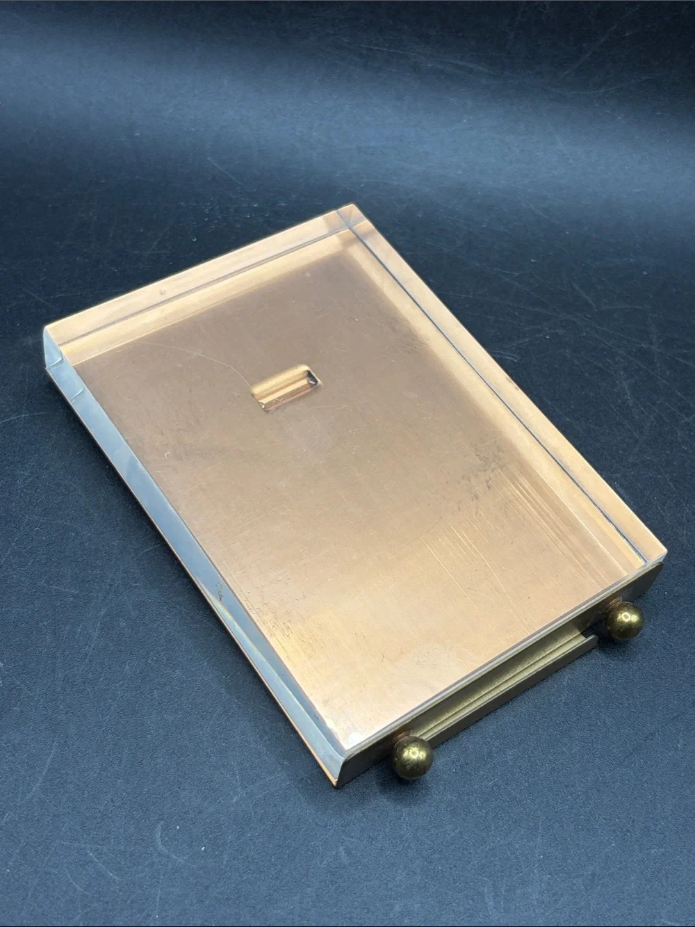 Vintage Brass Tn Metal Acrylic Lucite Ball Footed Kickback Stand Picture Frame